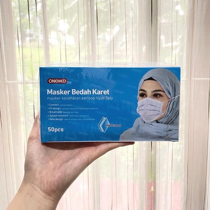 masker hijab Onemed biru / masker medis jilbab biru headloop onemed