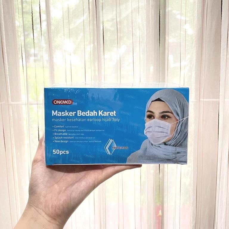 masker bedah karet hijab biru Onemed/masker medis hijab biru Onemed
