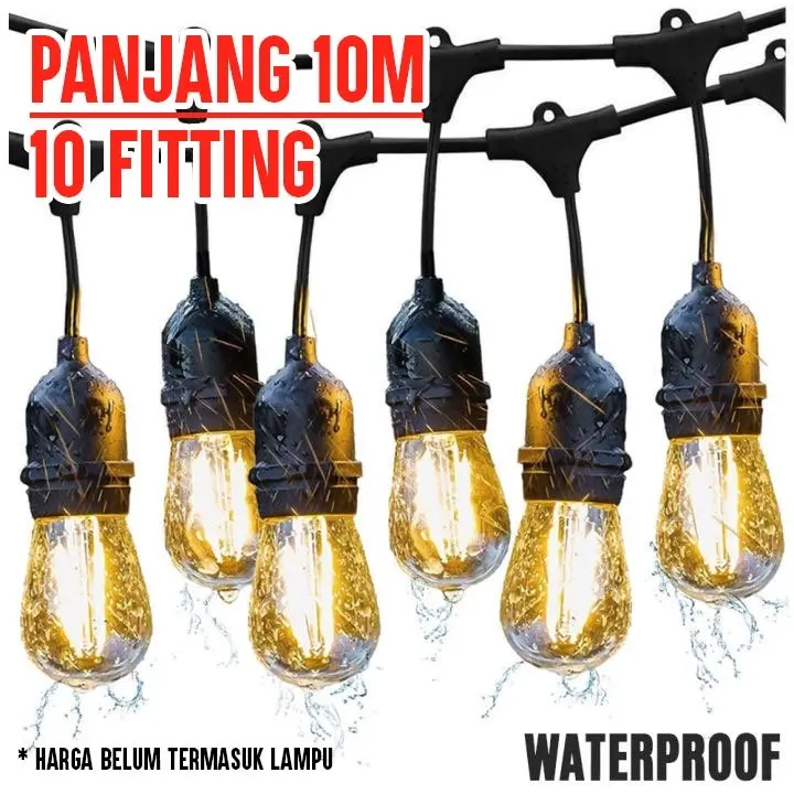 Lampu Gantung Outdoor 10 Meter 10 Fitting E27 Kabel Tebal Waterproof Ideal untuk Cafe Dekorasi Indoor & Outdoor