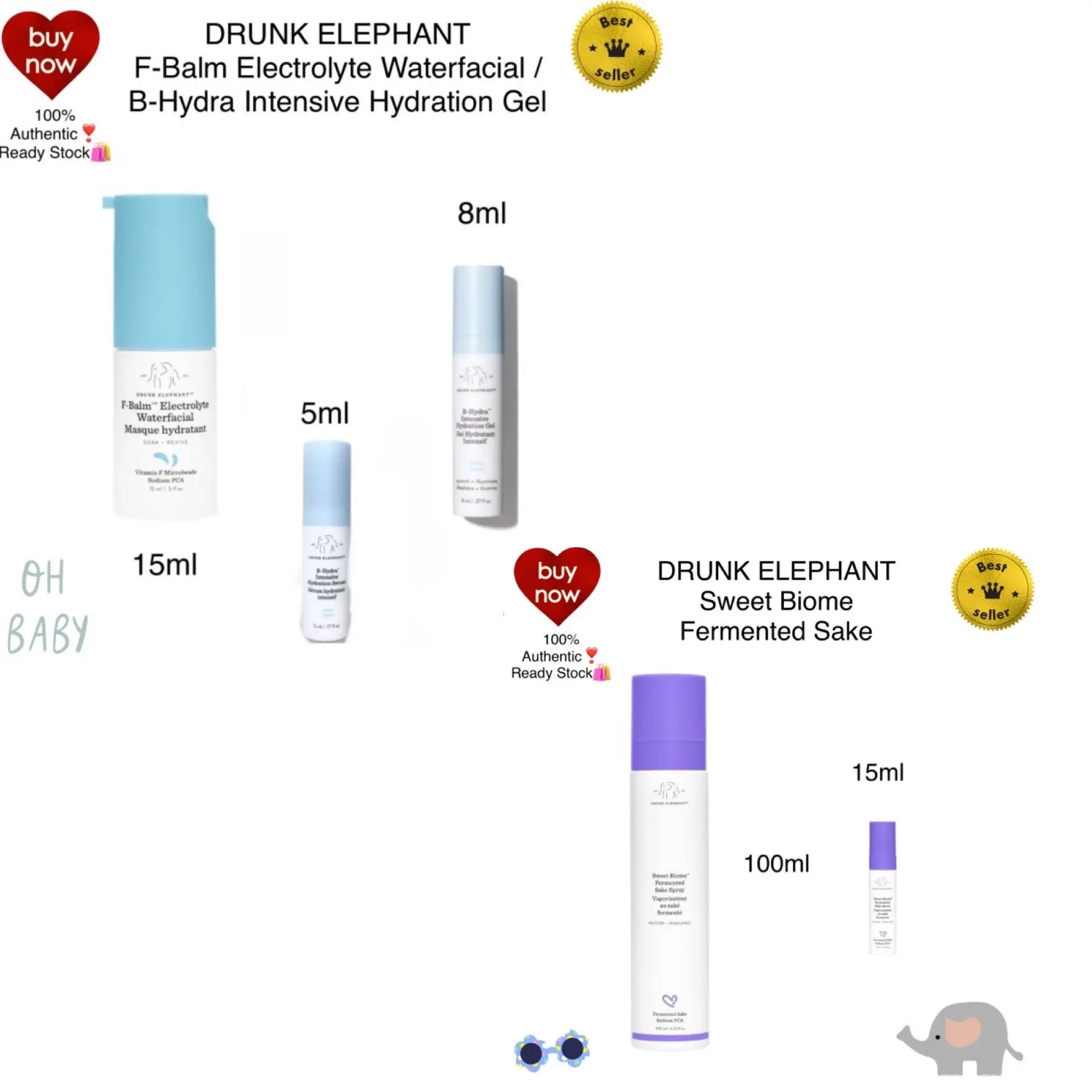 DRUNK ELEPHANT F-Balm Electrolyte Waterfacial / B Hydra (No Box)