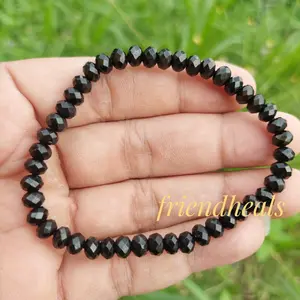 Gelang Batu Crystal Healing Black Tourmaline Faceted Button 6mm