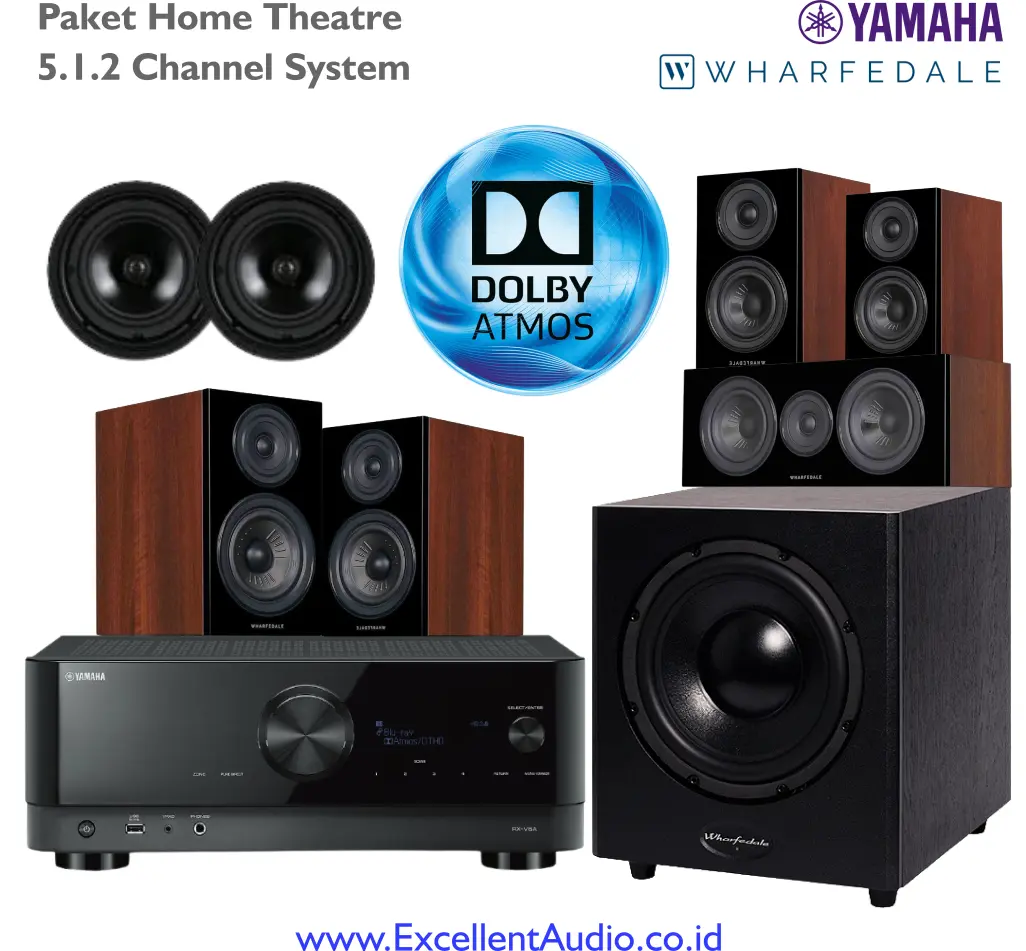 Paket home theatre Wharfedale Yamaha 5.1.2 channel system Dolby Atmos