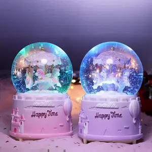Kotak Musik Bola Salju Snowglobe Snowball Lampu Valentine Birthday Gift Kado Ultah Hiasan Pony Unicorn Topper Cake Snowdome Bola Kristal Kaca Pajangan Meja Lemari Dekorasi Rumah Kantor Hadiah Unik