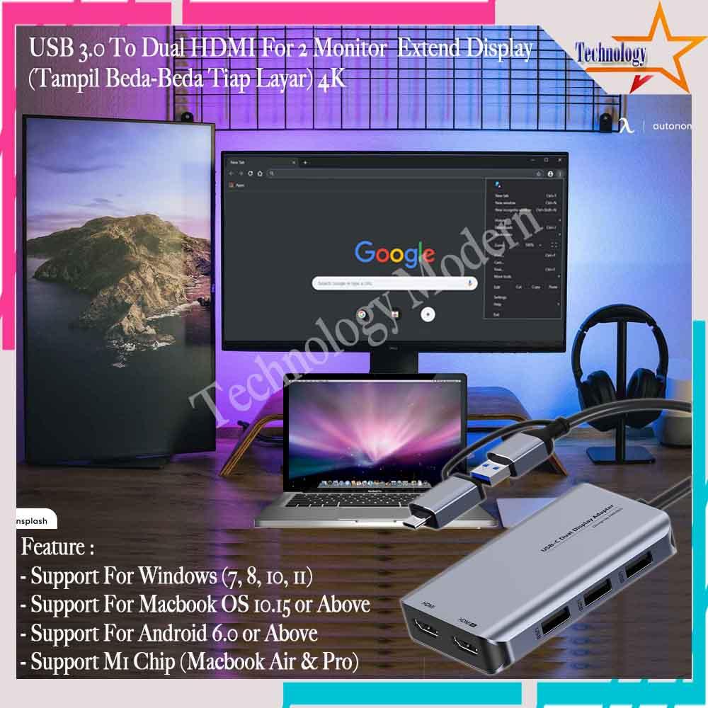 USB 3.0 To Dual HDMI U/ 2 Monitor Extend Display (Tampil Beda-beda) 4K
