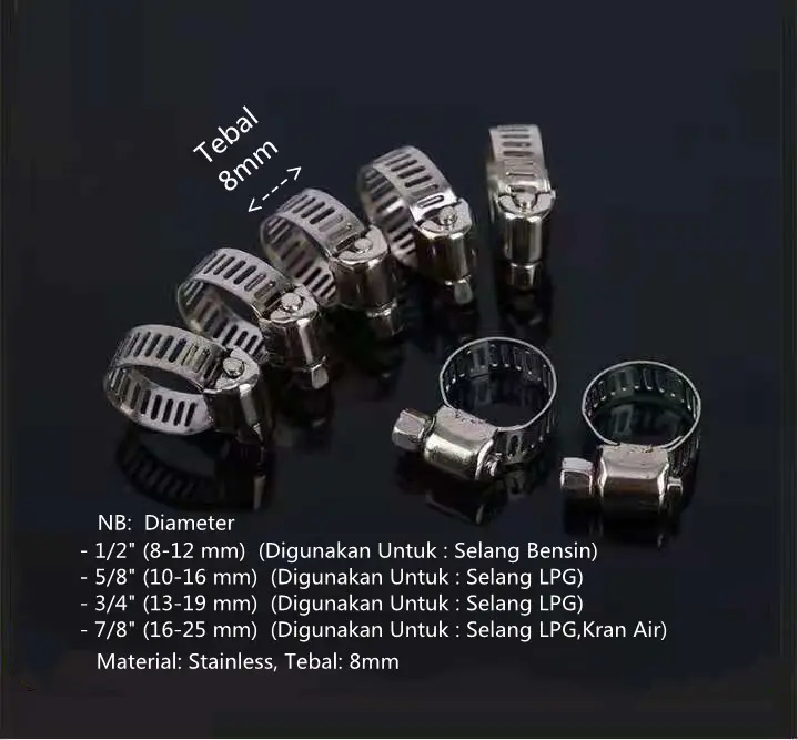 Klem Selang Stainless / Hose Clamp 1/2", 5/8" , 3/4" , 7/8" (Tebal 8mm) 0