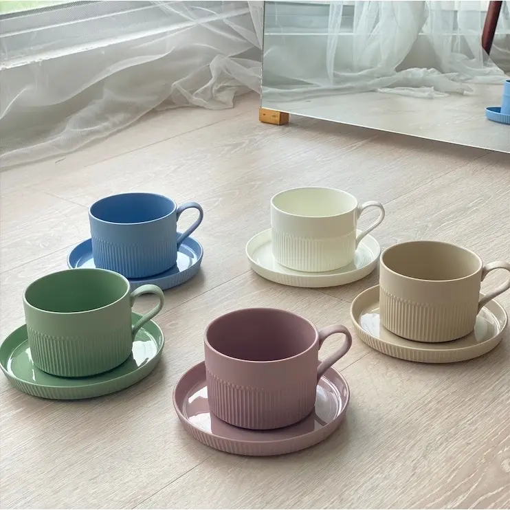 Nordic Minimalist Tea Cup/ Tea Mug Set b Set Gelas Nordic Mewah Pastel MUG002 Biru Keramik 250cm Kapasitas dengan Saucer