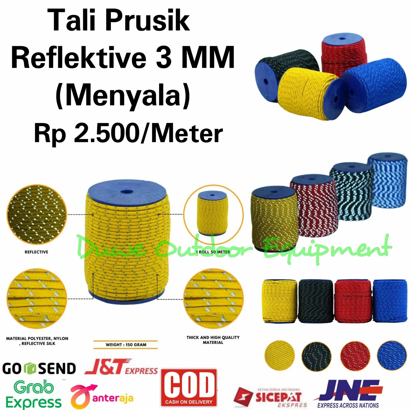 Tali Tenda Reflektive Menyala-Tali Prusik Reflektive ukuran 3mm