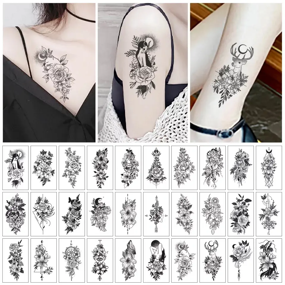 30 PCS Grosir Termurah Stiker Tato Aesthetic Bunga Hitam Rusa Wanita Bulan Lucu Tatto Temporer Bunga KODE R Halal Aman Tidak Beracun Mudah Digunakan Hingga 5-7 Hari