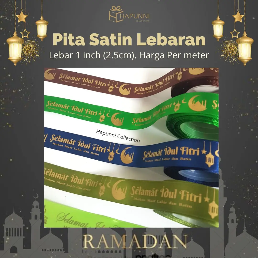 Pita satin hijau Idul fitri / Lebaran lebar 2 cm Harga PER METER