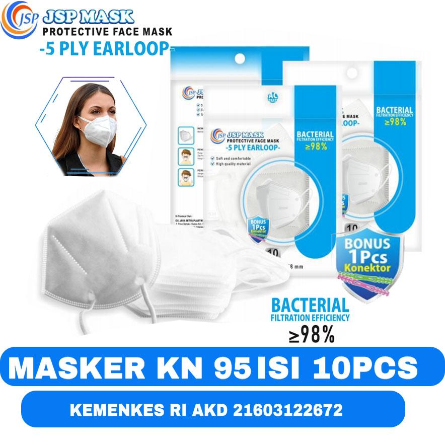 Masker Medis KN95 5PLY ISI 10PCS FREE 1 KONEKTOR/ JSP MASK SM15 - Putih