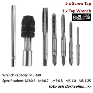 5pcs Hand Tap Set M3-M8 Mata Bor Pembuat Ulir Drat Baut