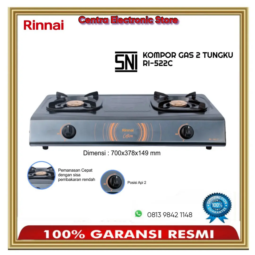 Rinnai Kompor Gas 2 Tungku RI522C RI-522C Teflon Kuningan Rinai