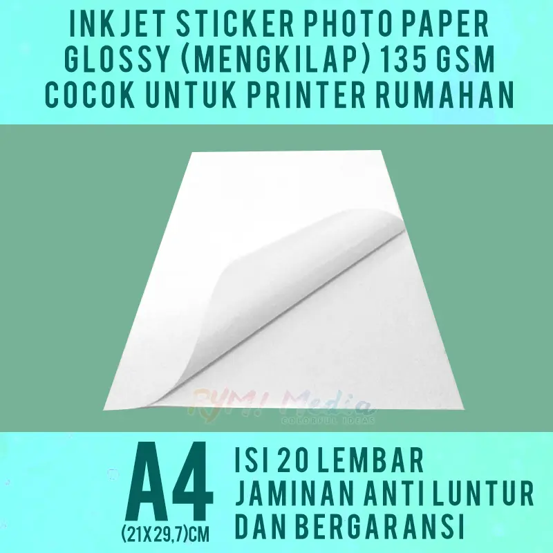 INKJET STICKER Glossy A4 isi 20 / Kertas Stiker Foto Mengkilap 135gsm