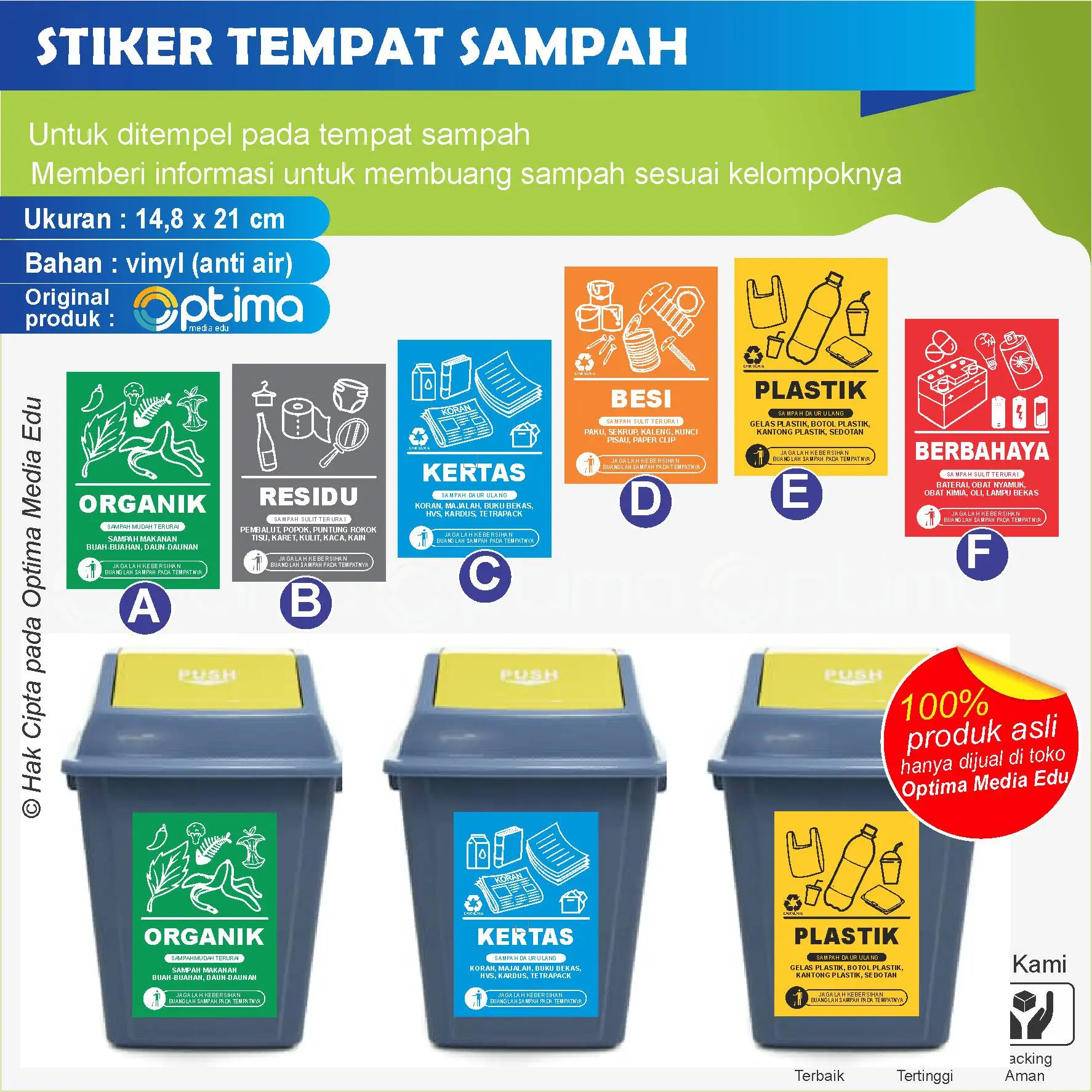 STIKER TEMPAT SAMPAH ORGANIK , RESIDU, KERTAS, BESI, PLASTIK, BERBAHYA