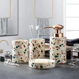 Luxury Gift Bathroom Set Ceramic Terrazzo/ Set Kamar Mandi Rose Gold Keramik