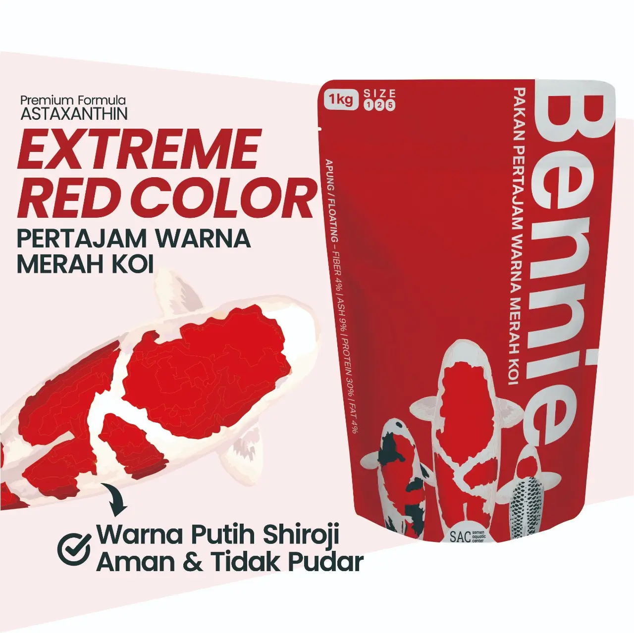 Pakan Pelet Makanan Ikan Koi Pertajam Warna Merah Bennie 1KG 5mm Color
