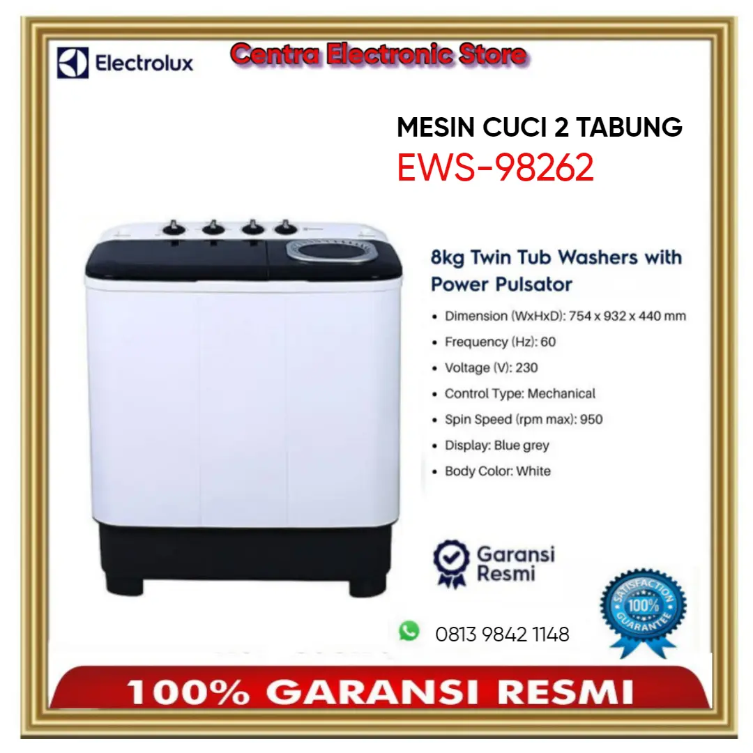 MESIN CUCI 2 TABUNG ELECTROLUX EWS-98262 WA 8 KG NEW SERIES-RESMI