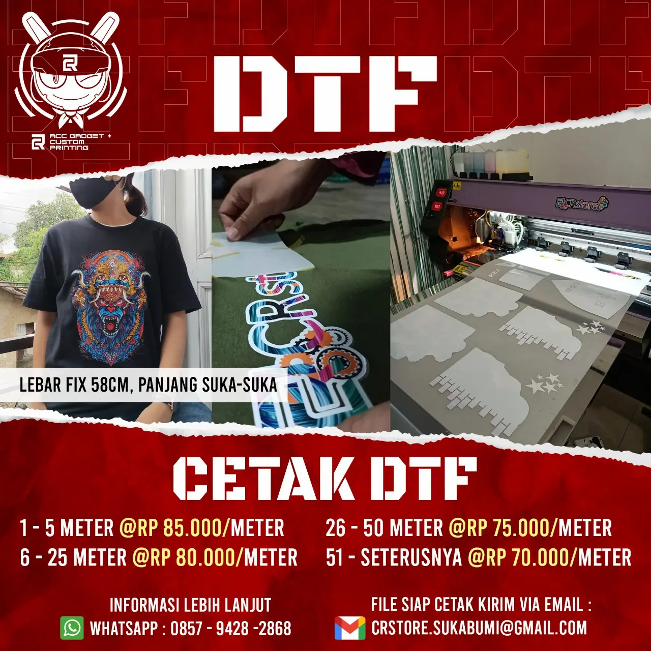 Custom Cetak Sablon DTF SIAP PRESS Satuan dan Meteran