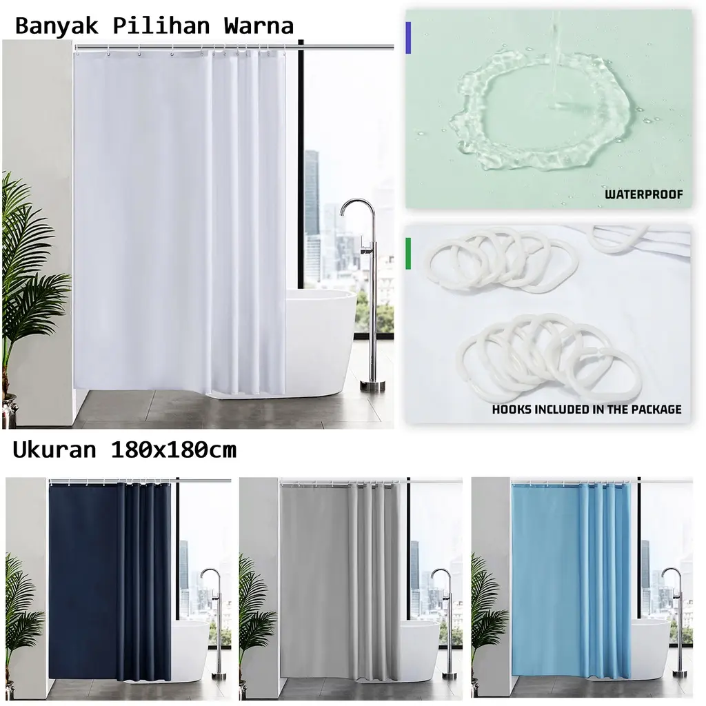 Tirai Kamar Mandi Tahan Air Warna Putih Polos Bahan Peva 180x180 Part1 Shower