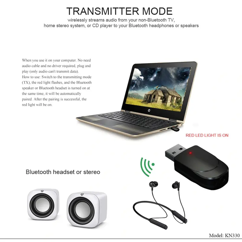VIKEFON 2 in 1 USB Audio Bluetooth 5.0 Transmitter & Receiver - KN330 3