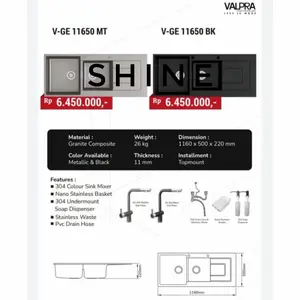 Bak Cuci Piring Granit 2 lubang 1 sayap/Kitchen Sink Granit Black