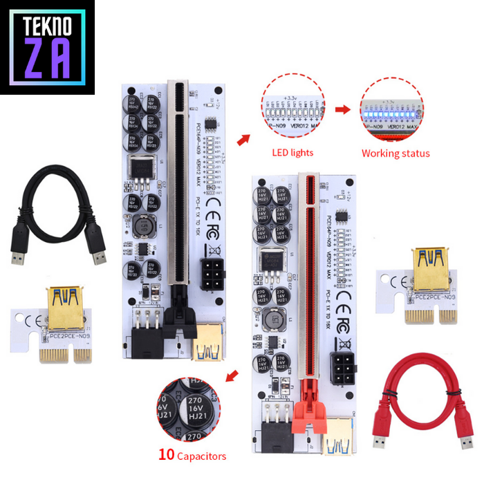 10x Gpu Riser Jual PCIe Riser 10 Capasitor VER012 MAX Mining VGA GPU USB RTX RX - RED ...