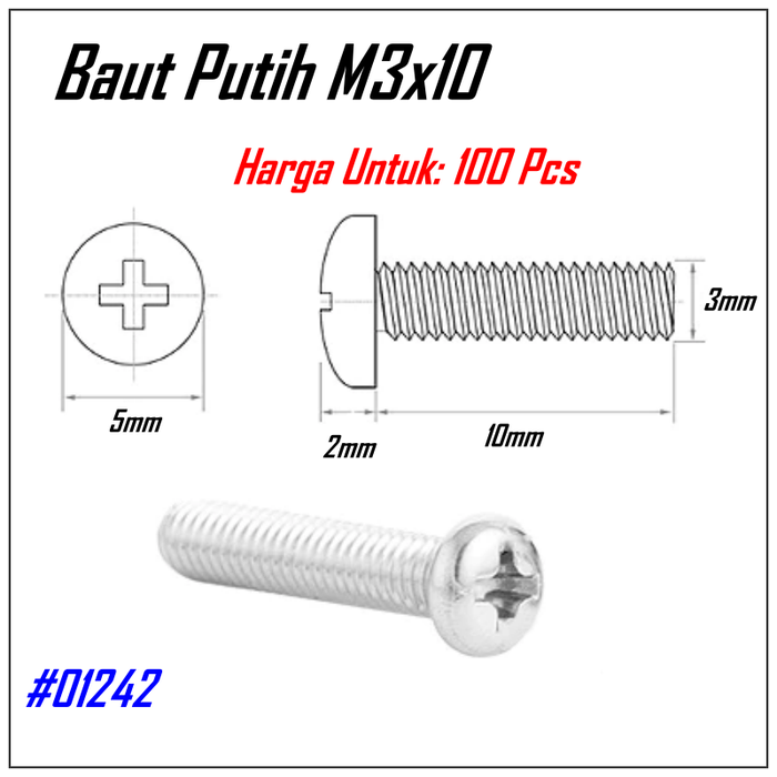 Gambar 100 Pcs Baut M3x10 Kepala bulat Skrup Bunga obeng + Screw Besi Putih dari One electronic Kota Medan Tokopedia