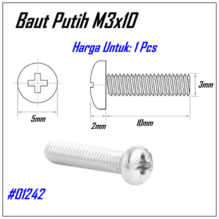 Gambar Baut M3x10 Kepala bulat Skrup Bunga obeng + Screw M3x10mm Besi Putih dari One electronic Kota Medan Tokopedia