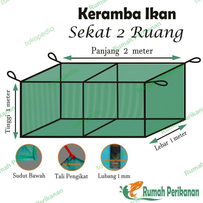Gambar Keramba/Jaring ikan ukuran ( 2 m x 1 m x 1 m) sekat 2 ruang kasa hijau dari Rumah Perikanan Kab.Ciamis Tokopedia