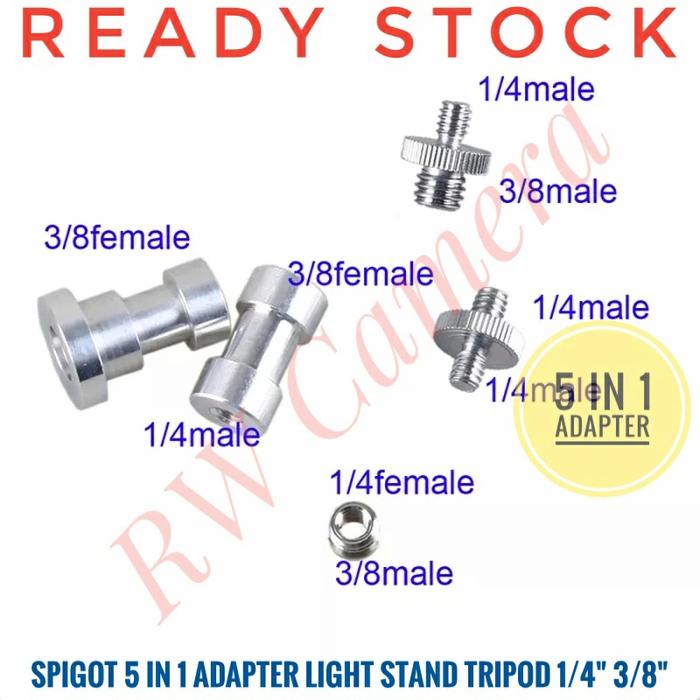 Gambar Spigot 5in1 Adapter Light Stand Flash 1/4" 3/8" Baut Converter Tripod dari RW Camera Kota Tangerang Selatan Tokopedia
