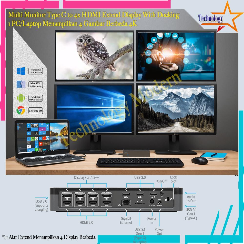 4K Multi Monitor Type C to HDMI Extend 4 Display (Quad Display)+Doking