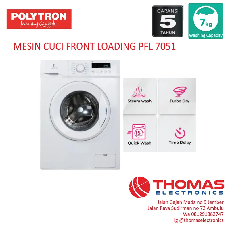 Mesin Cuci FRONT LOADING POLYTRON kapasitas 7 KG PFL7051 GARANSI RESMI 0