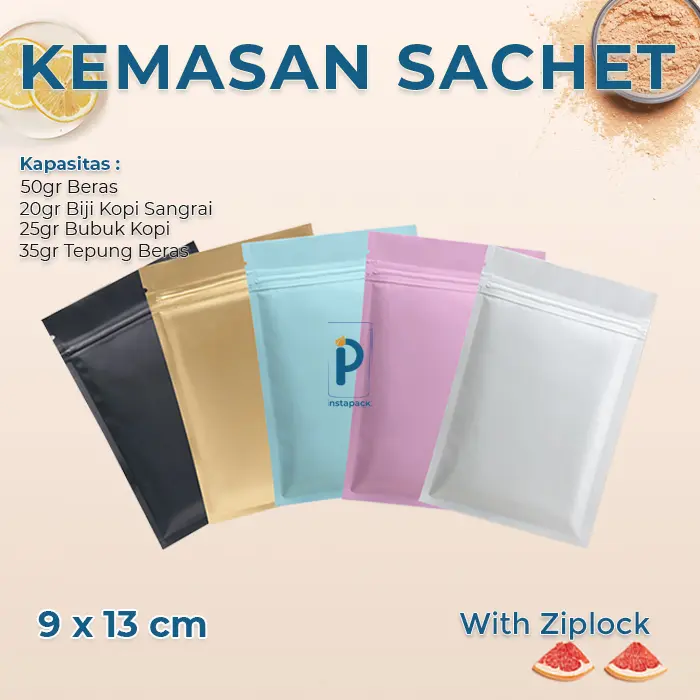 Kemasan Aluminium Foil Sachet 9cm X 13cm Flat Bottom Warna Ziplock Bag