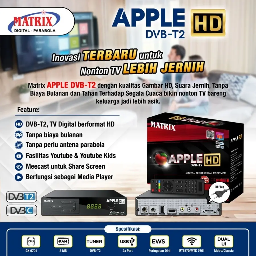 Set Top Box DVB-T2 / STB TV Digital Matrix Apple HD MERAH Garansi 1TH
