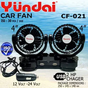 Kipas Angin Mobil 2 Kipas Saklar dan 2 USB DC 12 Volt 24 Volt Yundai