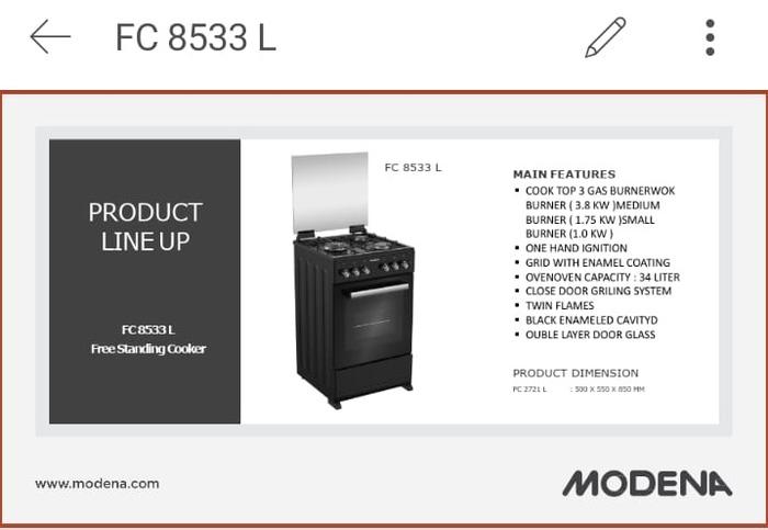 Gambar MODENA FC8533L kompor gas freestanding 50 cm 3 tungku dengan oven dari Indah Home Shop Kota Administrasi Jakarta Selatan Tokopedia