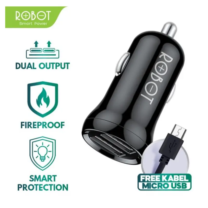 ROBOT RT-C07 BLACK 2.4A DUAL PORT USB FIREPROOF CAR CHARGER MOBIL