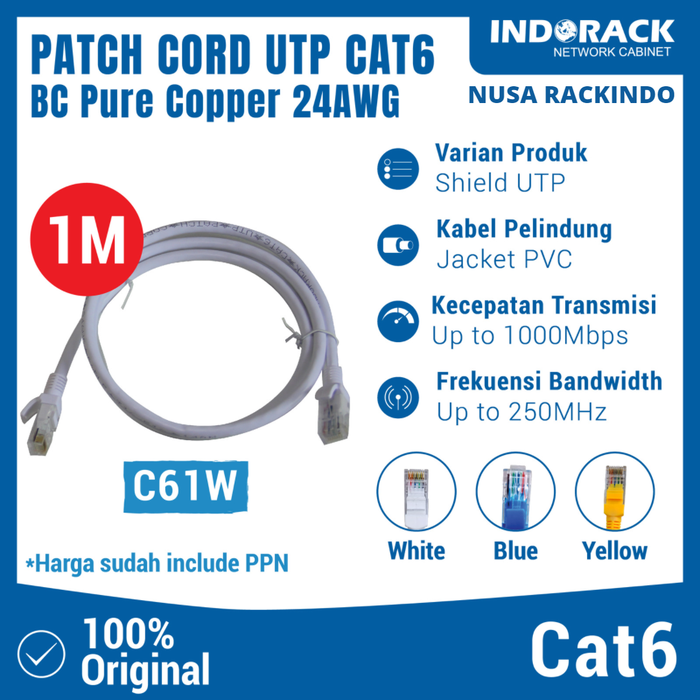 Gambar C61W - PATCH CORD 1 METER UTP CAT 6 KABEL LAN - PUTIH dari NUSA RACKINDO Kota Administrasi Jakarta Pusat Tokopedia