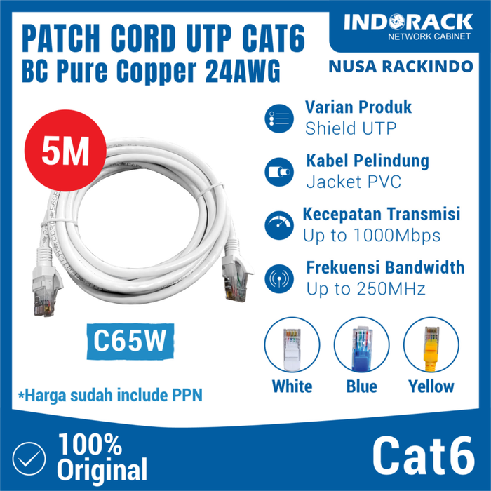 Gambar C65W - PATCH CORD 5 METER UTP CAT 6 KABEL LAN - PUTIH dari NUSA RACKINDO Kota Administrasi Jakarta Pusat Tokopedia