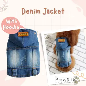 Pet Dog Cat Denim Jacket with Hoddie - Baju Anjing Kucing Jaket Denim