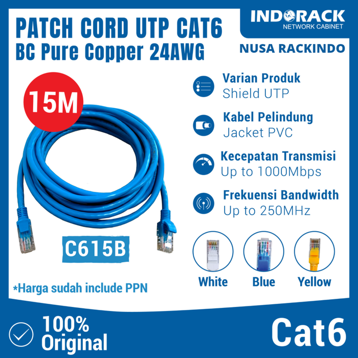 Gambar C615B - PATCH CORD 15 METER UTP CAT 6 KABEL LAN - BIRU dari NUSA RACKINDO Kota Administrasi Jakarta Pusat Tokopedia