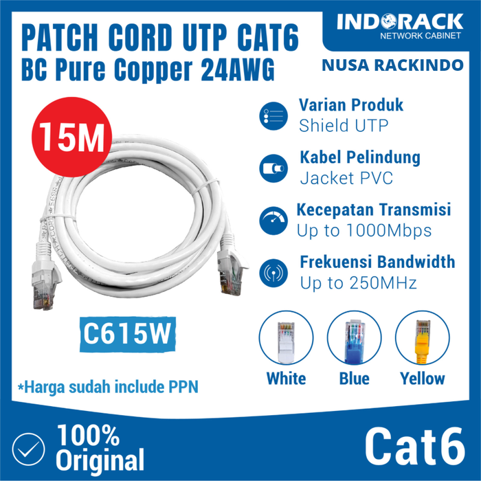 Gambar C615W - PATCH CORD 15 METER UTP CAT 6 KABEL LAN - PUTIH dari NUSA RACKINDO Kota Administrasi Jakarta Pusat Tokopedia