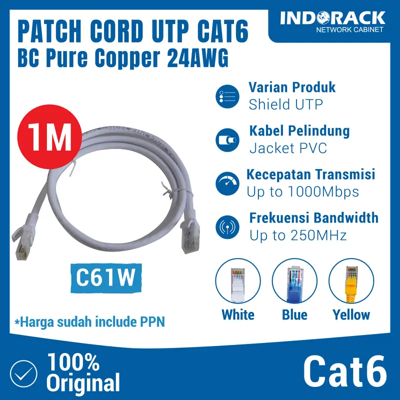 C61W - PATCH CORD 1M UTP CAT 6 KABEL LAN ETHERNET RJ45 PUTIH INDORACK 0