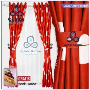 Gorden katun merah motif love smokring hordeng tirai jendela anak