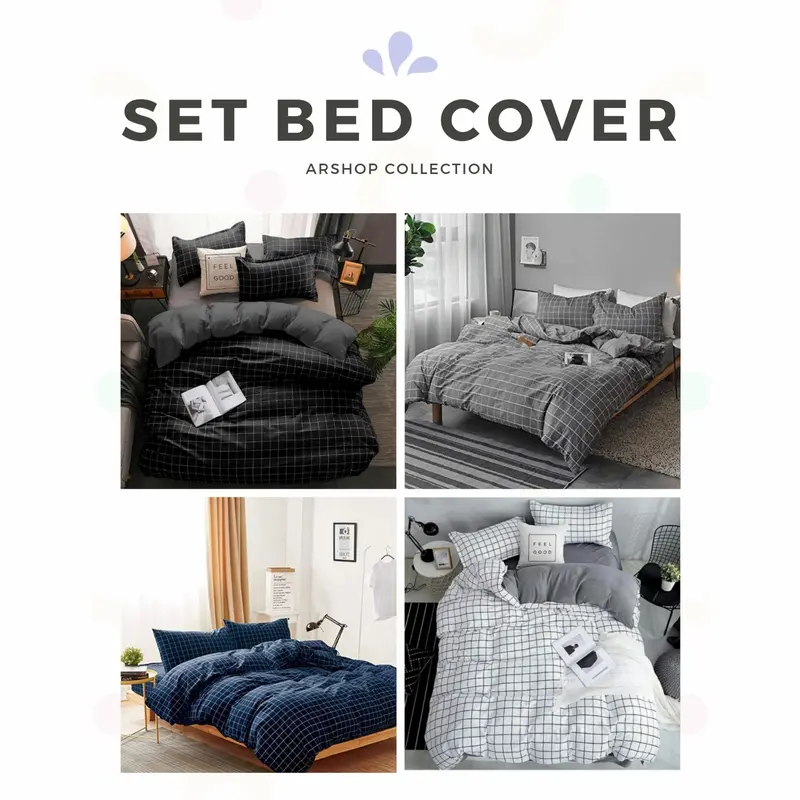 set bed cover motif kotak kotak ukuran king 180x200/queen 160x200 2