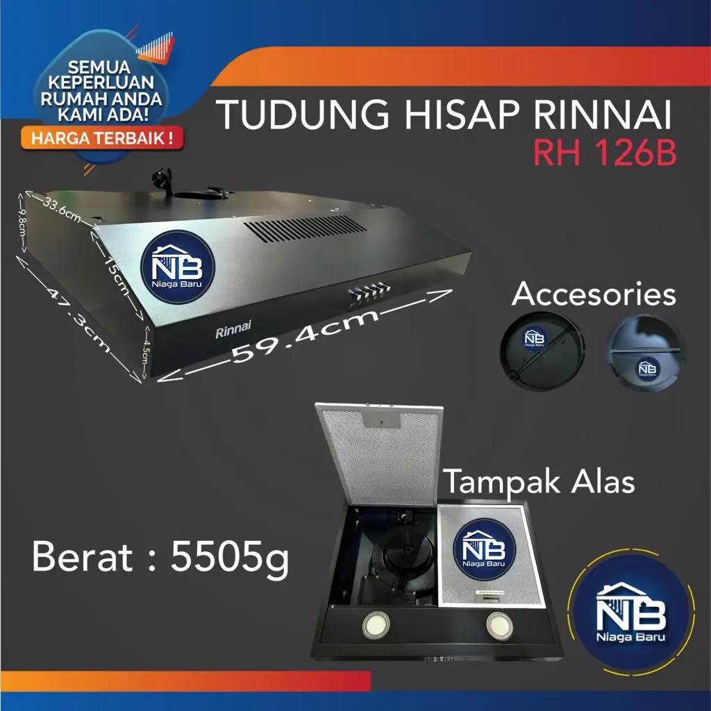 Cooker Hood Rinnai RH-126B Slim Hood Penghisap Asap Kompor