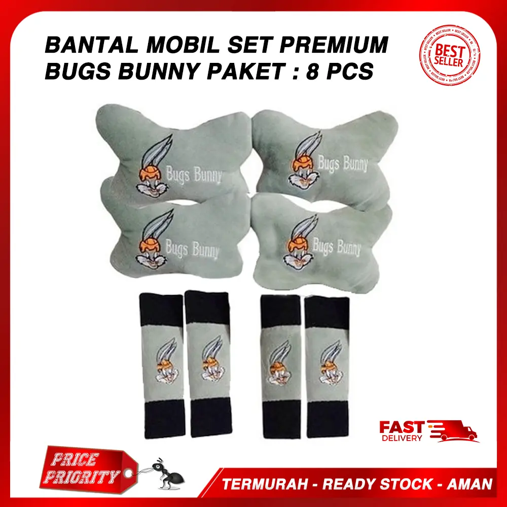 Bantal Jok Mobil BUGS BUNNY / Aksesoris Bantal Leher BUGS Set 8 PC