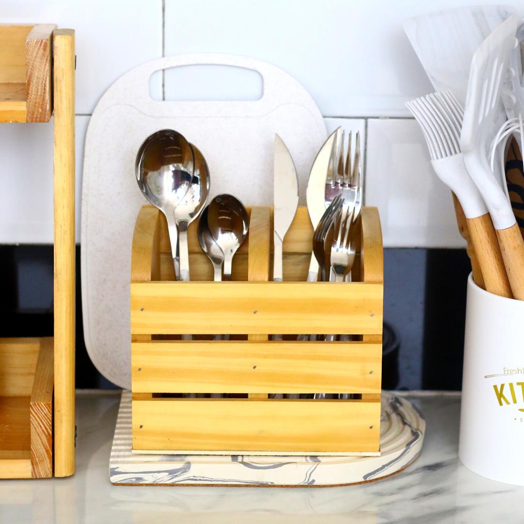 Tempat Sendok Garpu Kayu / Wadah Alat Dapur Spatula sumpit Pinexa