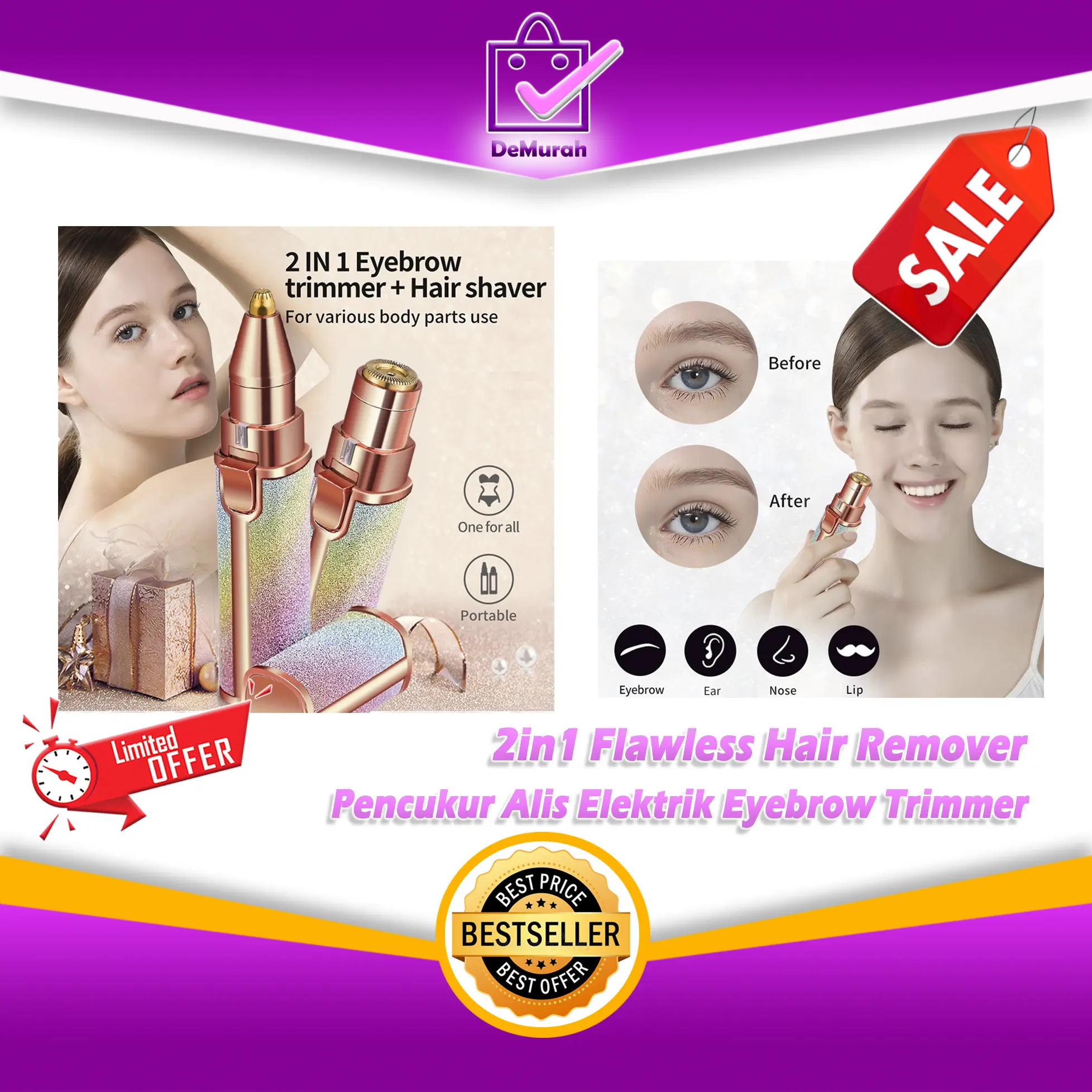 2in1 Flawless Hair Remover Pencukur Alis Elektrik Eyebrow Trimmer 0760