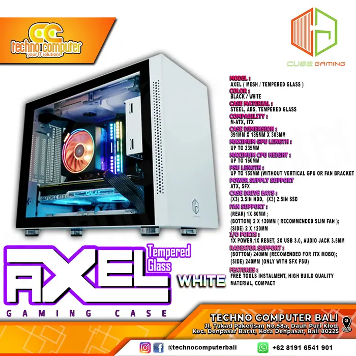 Gambar CUBE GAMING AXEL TEMPERED GLASS - Mini ITX GAMING CASE - Putih dari Techno Computer Bali Kota Denpasar 5 Tokopedia